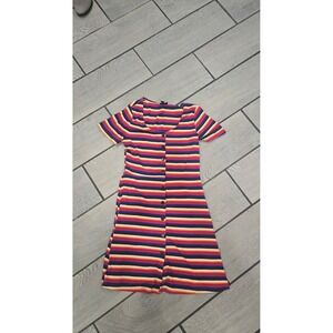 TOPSHOP Rainbow Stripe Button Front‎ Ribbed Fit Flare Dress Women Size 8